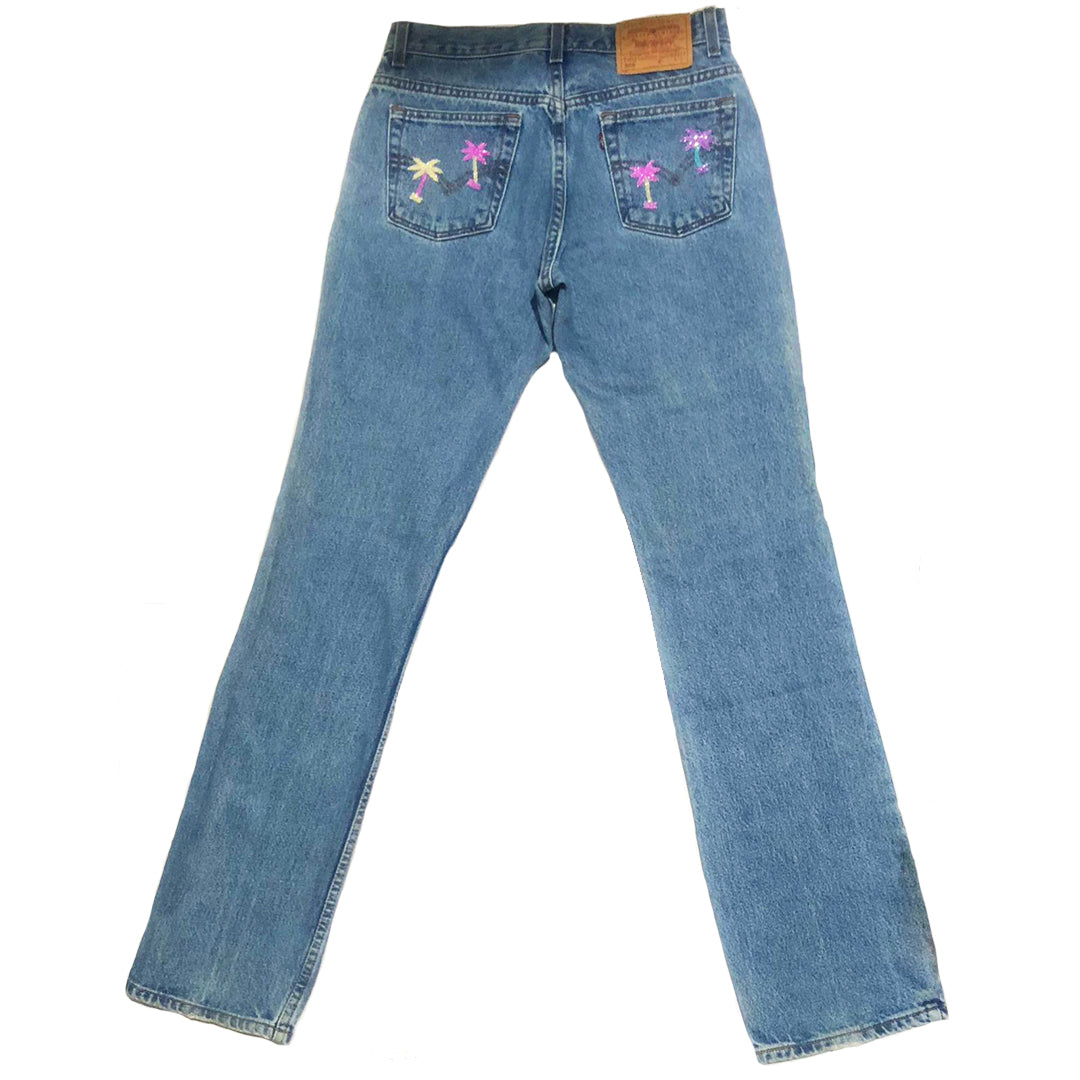 Hand Beaded Palm Tree Blue Jeans