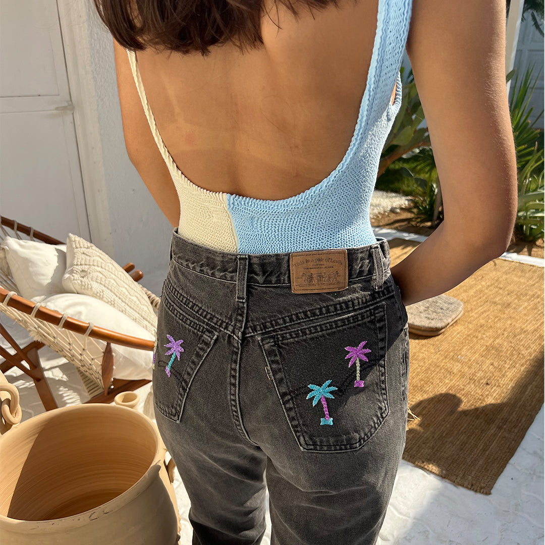 Hand Beaded Palm Tree Black Wash Jeans