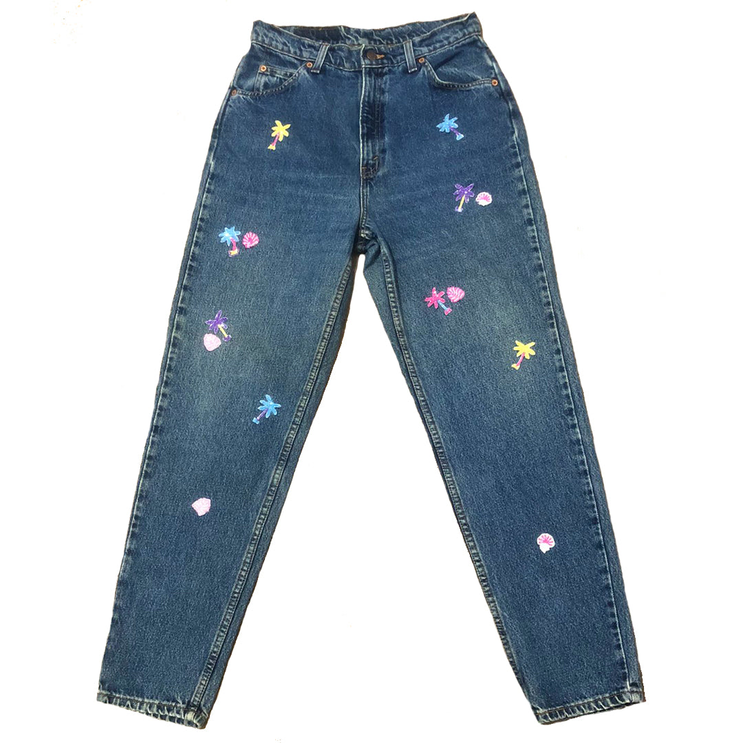 Hand Beaded Palm Tree Dark Blue Jeans