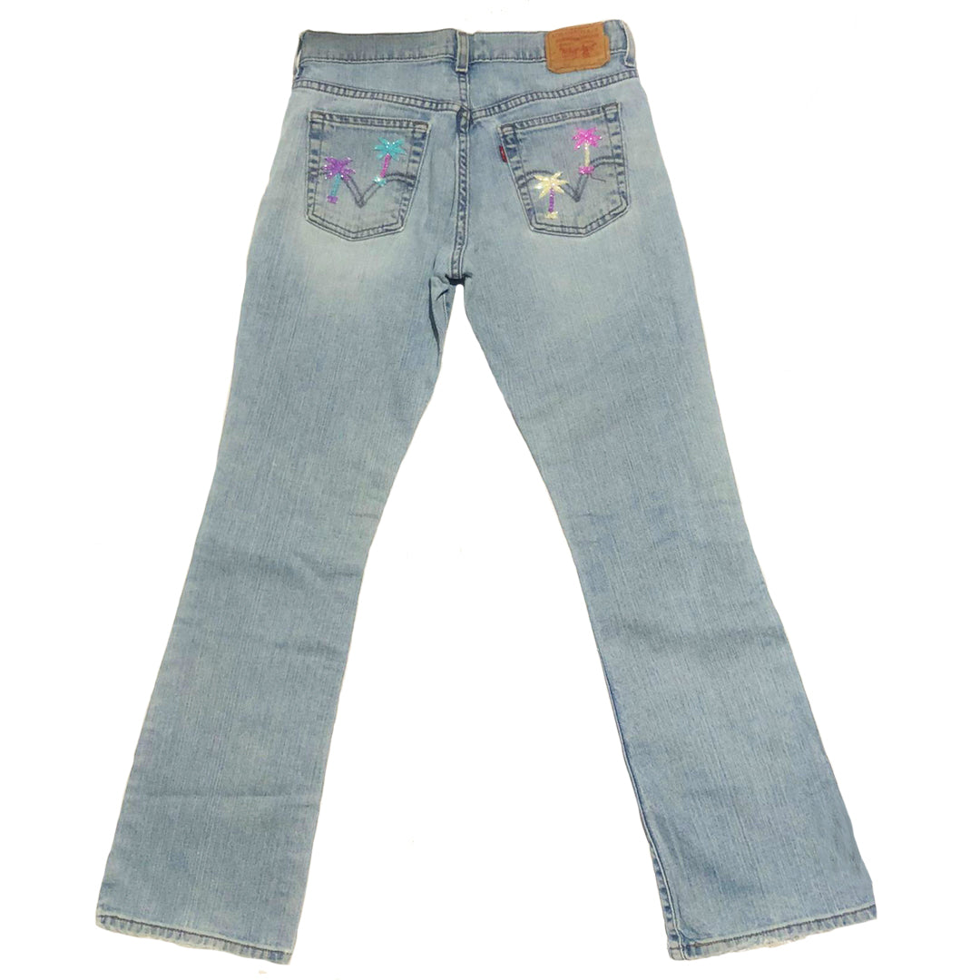 Hand Beaded Palm Tree Light Blue Jeans