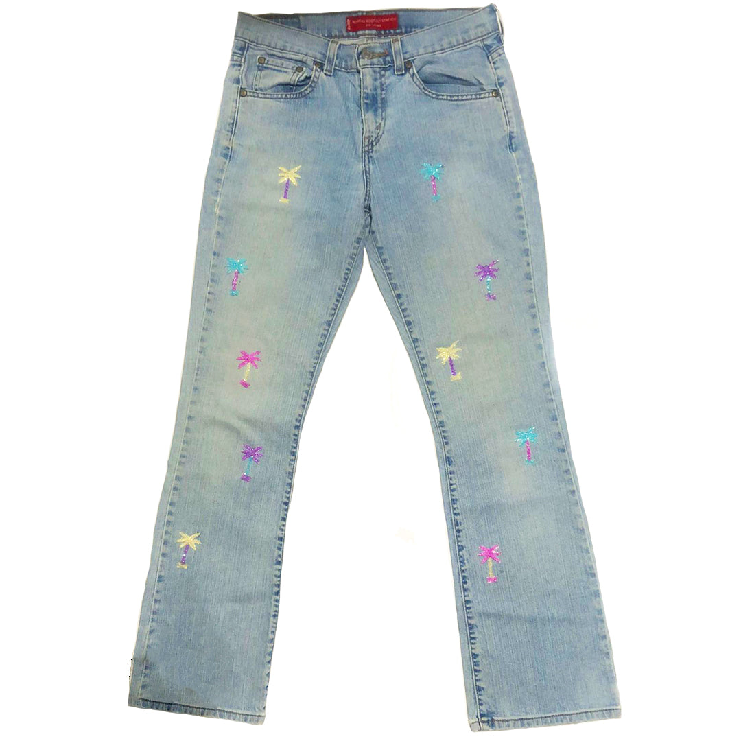 Hand Beaded Palm Tree Light Blue Jeans