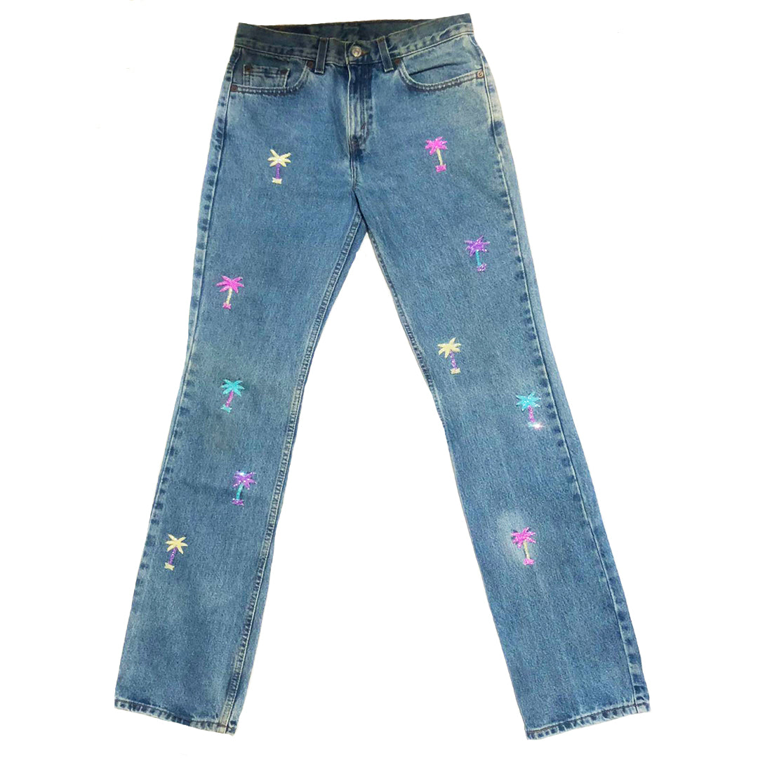 Hand Beaded Palm Tree Blue Jeans