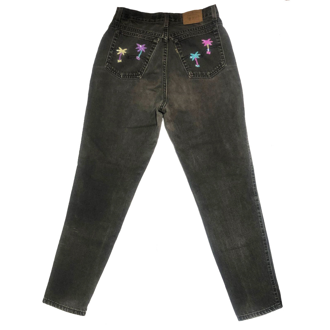 Hand Beaded Palm Tree Black Wash Jeans