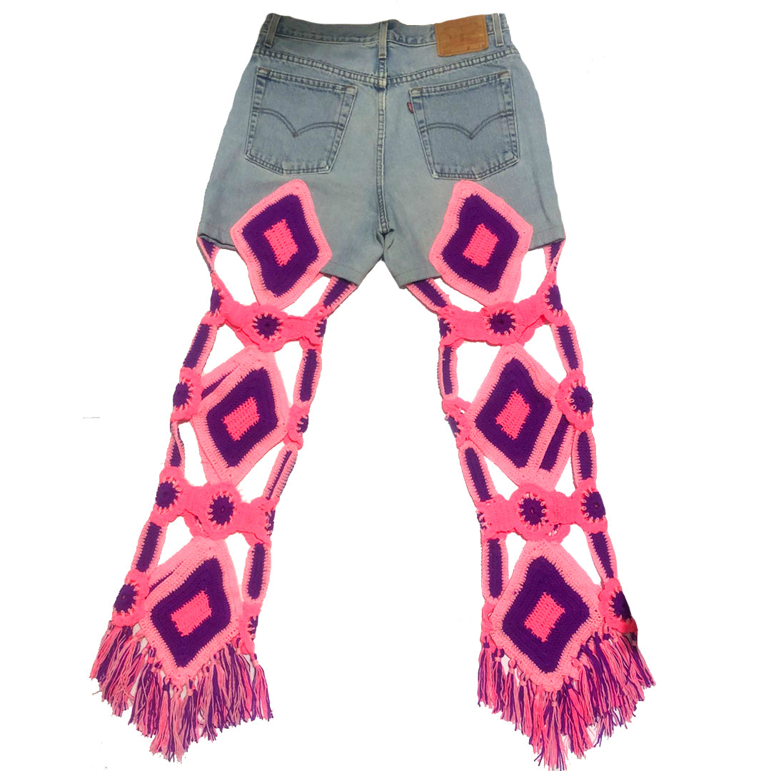 Pink Hand Crocheted Vintage Jeans