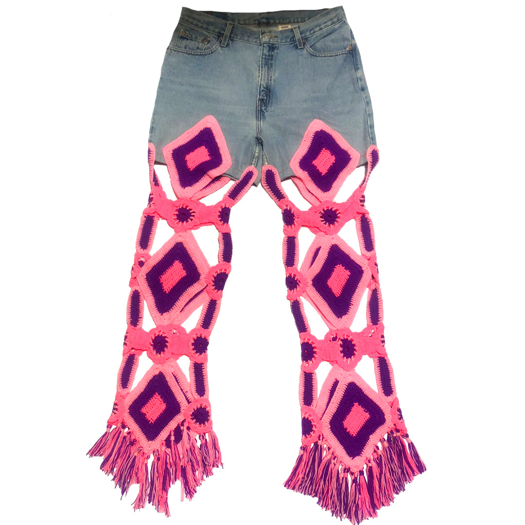 Pink Hand Crocheted Vintage Jeans