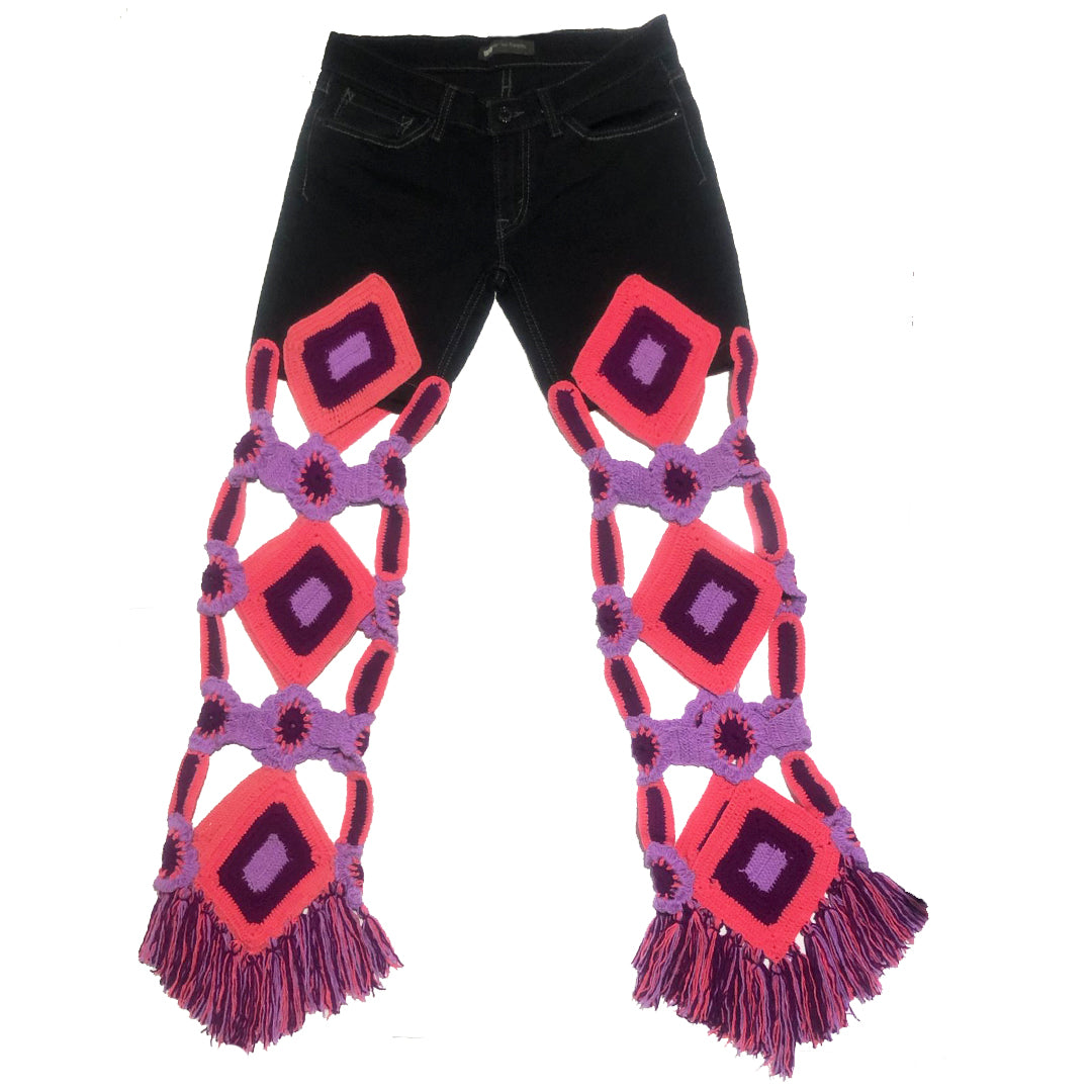 Black & Peach Hand Crocheted Vintage Jeans