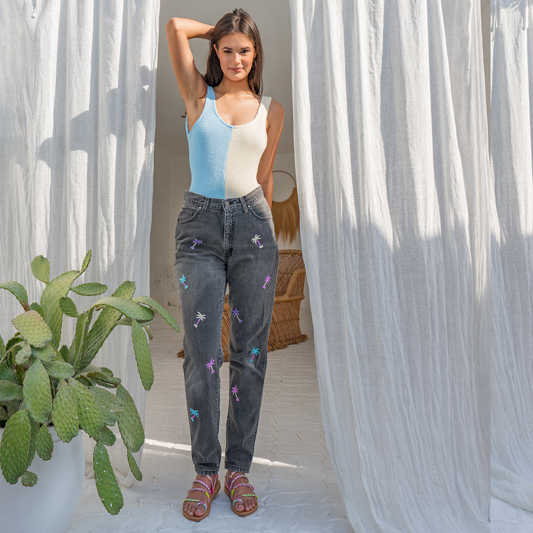Hand Beaded Palm Tree Black Wash Jeans