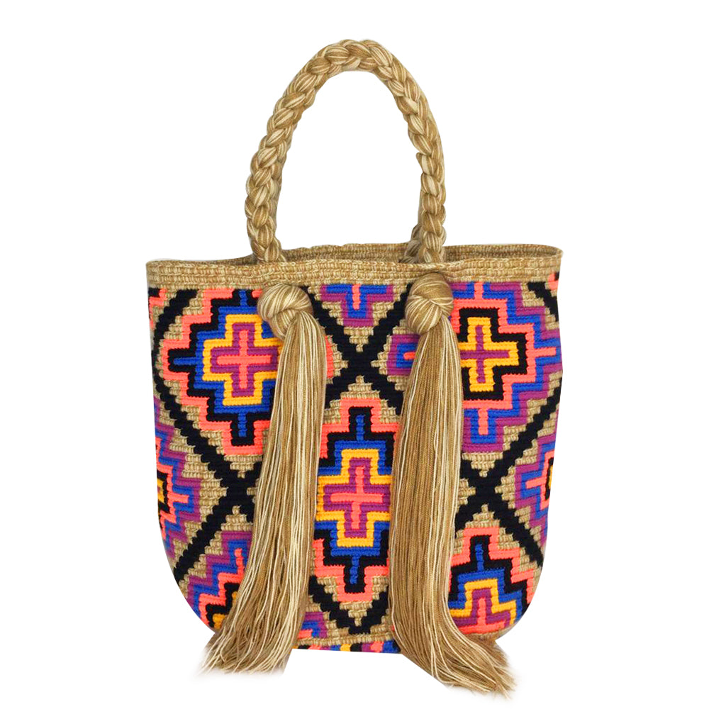 Beige & Blue Tassel Bag