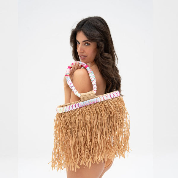 Pink Cross Detail Fringed Bag