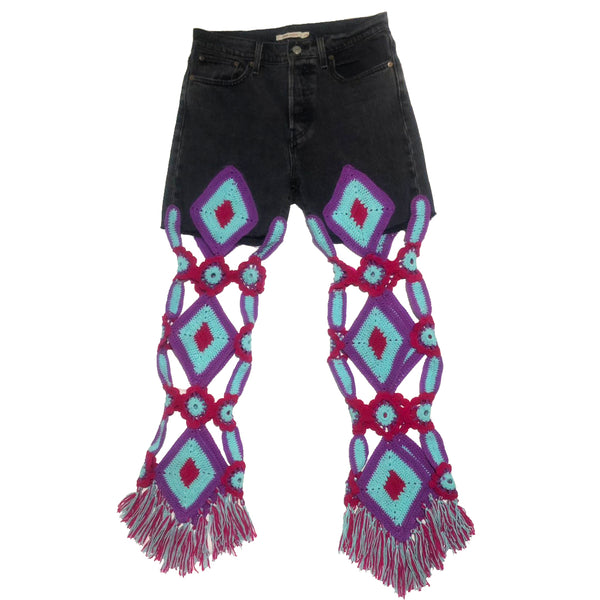 Blue & Black Hand Crocheted Vintage Jeans