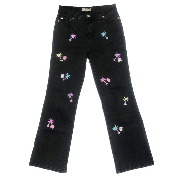 Hand Beaded Palm Tree Black Jeans