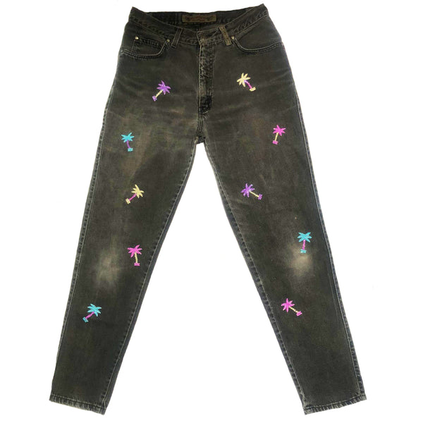 Hand Beaded Palm Tree Black Wash Jeans