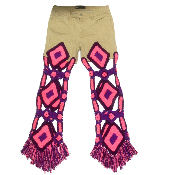 Pink & Beige Hand Crocheted Vintage Jeans